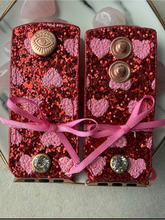 watch me creations Accessories - Handcrafted Pink & Red Glitter with hearts Apple Watchband fits 5.75” wrist-